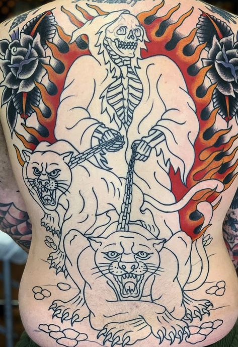 American Traditional Tattoo Back Piece, Traditional Tattoo Back, Traditional Tattoo Back Piece, Tattoo Back Piece, Chest And Back Tattoo, Traditonal Tattoo, Gargoyle Tattoo, Traditional Black Tattoo, Traditional Ideas