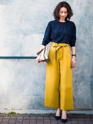 Women's Navy Long Sleeve Blouse, Mustard Wide Leg Pants, Navy Suede Pumps | Lookastic Mustard Pants Outfit, Yellow Pants Outfit, Uniqlo Women Outfit, Uniqlo Style, Mustard Pants, Wide Leg Pants Outfit, Wide Leg Pants Outfits, Western Wear Outfits, Yellow Pants