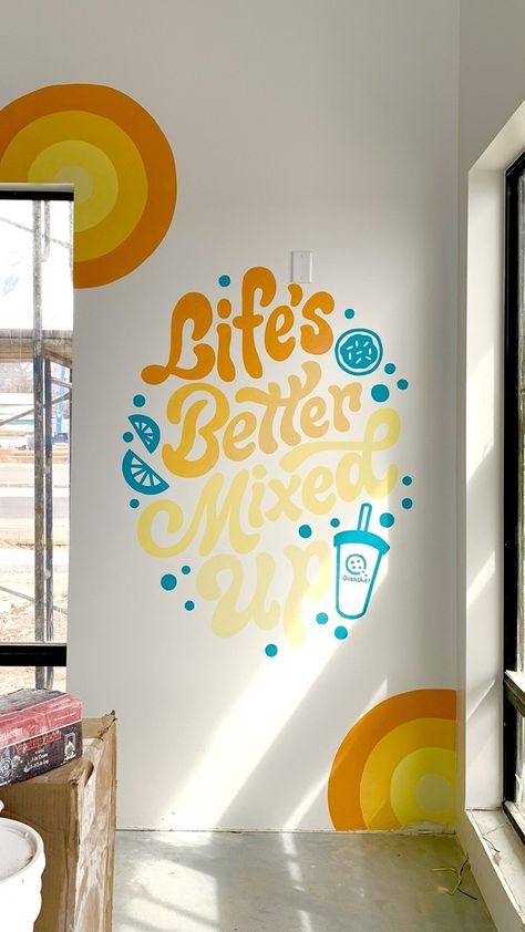 groovy, flowy, retro lettering mural design by Hayley of Type Affiliated that features fun quirky lettering and illustrations. This mural was hand lettered, and painted for the Quench It store in Orem Utah. #mural #muralart #muraldesign #murallettering #lettering #letteringart #handlettering #typeaffiliated Type Mural Design, Wall Lettering Design, Typographic Mural, Word Mural, Text Mural, Mural Typography, Calligraphy Mural, Typography Mural, Business Mural