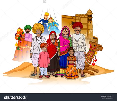 stock-vector-vector-design-of-rajasthani-family-showing-culture-of-rajasthan-india-362432207 Culture Of Rajasthan, Culture Of India, Moon Stars Art, Rajasthani Painting, Indian Traditional Paintings, Rajasthani Art, Drawing Competition, Canvas Art Projects, India Culture