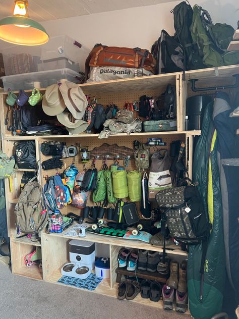 Camp Gear Storage Ideas, Basement Gear Storage, Hiking Gear Room Ideas, Mountaineering Gear Storage, Camping Gear Wall Storage, Closet Gear Storage, Hiking Closet Organization, Gear Shed Organization Ideas, Camping Storage Garage