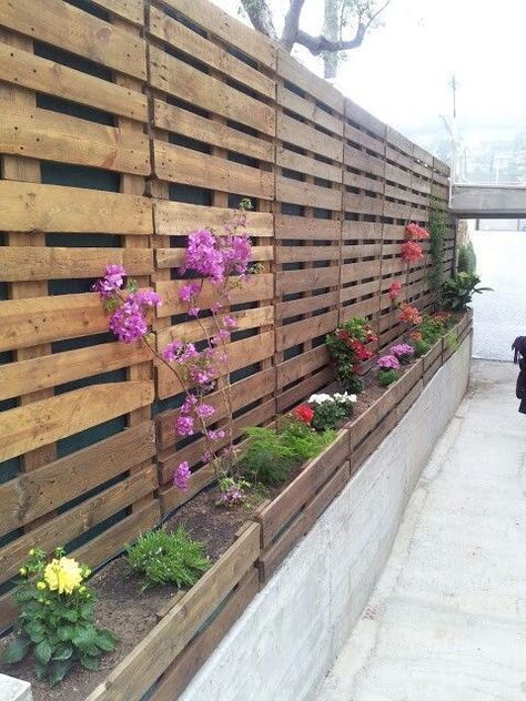 Privacy Fence With Pallets, Pallet Privacy Fence, Fence With Pallets, Pallet Fence Diy, Wood Pallet Fence, Garden Ideas To Make, Fence Diy, Backyard Fence, Fence Garden