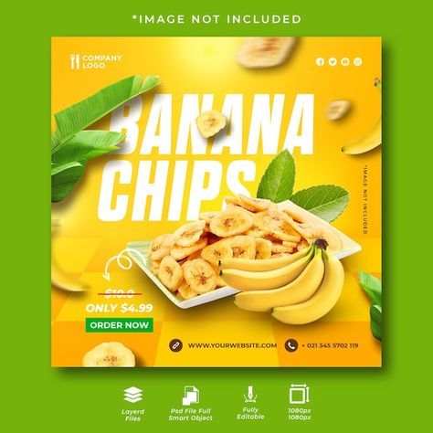 PSD banana chips social media instagram ... | Premium Psd #Freepik #psd #banana-chips #banana #nutrition-food #banana-background Banana Poster Design, Banana Chips Logo Design Ideas, Snacks Social Media Design, Banana Chips Packaging Design, Banana Chips Logo, Banana Chips Packaging, Snack Poster, Banana Background, Food Social Media Design