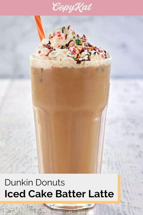 Dunkin Donuts Iced Cake Batter Latte is a deliciously sweet and creamy coffee drink. Get the easy copycat recipe and find out how to make an iced cake batter latte at home. You’ll love this iced espresso drink with milk that’s flavored with cake batter syrup, and topped with whipped cream, chocolate syrup, and rainbow sprinkles. #latte #coffeedrinks #icedcoffee #dunkin #copycat #copycatrecipe Dunkin Donuts Coffee Recipe, Dunkin Donuts Recipe, Donuts Birthday, Donut Birthday Cake, Cold Drinks Recipes, Dunkin Donuts Iced Coffee, Donut Coffee, Iced Cake, Best Fast Food