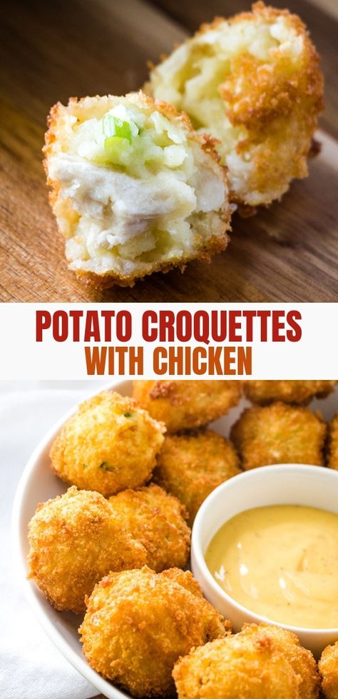 Mashed Potato Croquettes with chicken and mushrooms are tasty and seriously addicting! They're customizable and the perfect use for leftovers. Chicken Potato Croquettes, Mashed Potato Croquettes, Mushroom Potato, Chicken Appetizer, Chicken Croquettes, Croquettes Recipe, Chicken Mushrooms, Holiday Leftovers, Potato Croquettes