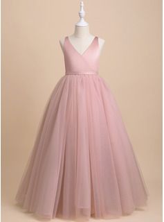 Ball-Gown/Princess Floor-length Flower Girl Dress - Tulle Sleeveless V-neck With Bow(s)/V Back (010236814) - JJ's House Flower Girl Dresses Pink, Occassion Dress, Flower Girl Gown, Satin Flower Girl Dress, Pink Flower Girl Dresses, Gown Princess, Ball Gowns Princess