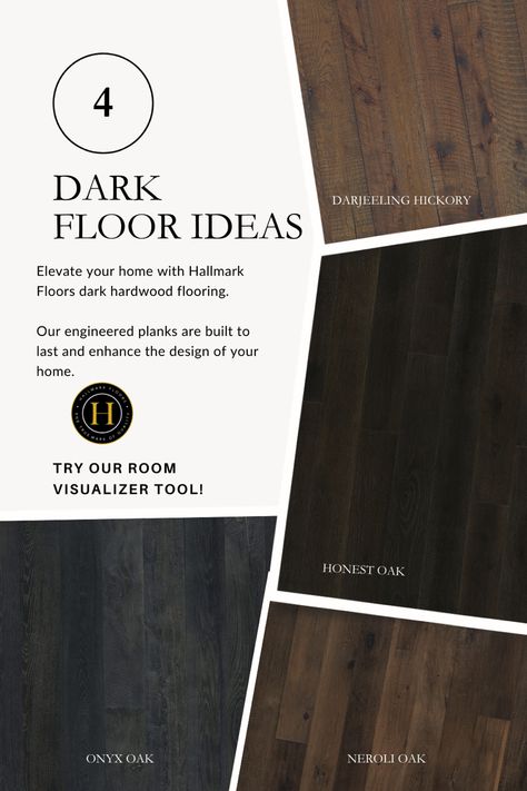 Looking to install dark hardwood floors in your home but not sure where what shade works best in your home? Try our room visualizer tool to see which shade amongst our dark floors can enhance your space. Vinyl Plank Flooring Colors, Wood Floor Inspiration, Dark Hardwood Flooring, Dark Flooring, Dark Hardwood Floors, Black Wood Floors, Hallmark Floors, Hardwood Flooring Ideas, Flooring Types