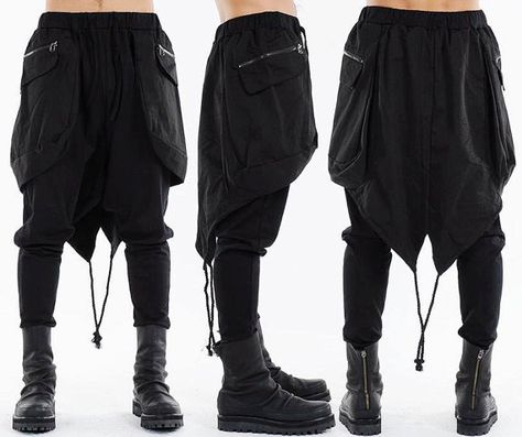 Hosen mit Rockpaneel Cyberpunk Jacket, Cyberpunk Mask, Rok Outfit, Drop Crotch Pants, Concept Clothing, Unique Outfit, Ribbed Shorts, Ribbed Leggings, Mens Pants Fashion