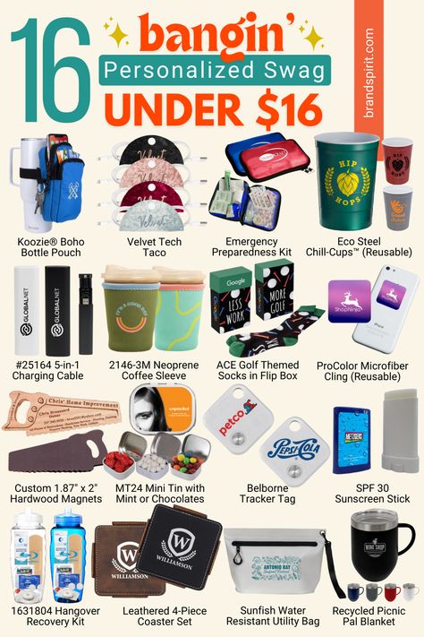 Get inspired and shop for these fresh and functional personalized swag. Add your logo and design with your brand colors for corporate gifts, conference swag, trade show booth freebies, and other promotional campaigns. We've carefully selected everything you see on this list to make sure people will keep and use these items, instead of throwing them away. Who doesn't appreciate a useful, quality swag gift, right? Order at brandspirit.com Unique Merchandise Ideas, Promotional Giveaway Ideas Unique, Swag Giveaway Ideas, Small Giveaways Ideas, Swag Ideas For Business, Swag Bag Ideas For Women, Conference Swag, Corporate Swag, Corporate Promotional Gifts