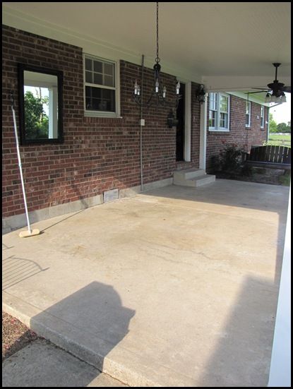 IMG_6633 Tile Patio Floor, Concrete Stain Patio, Paint Concrete Patio, Concrete Patio Makeover, Cement Patio, Concrete Stained Floors, Porch Colors, Painted Patio, Porch Makeover