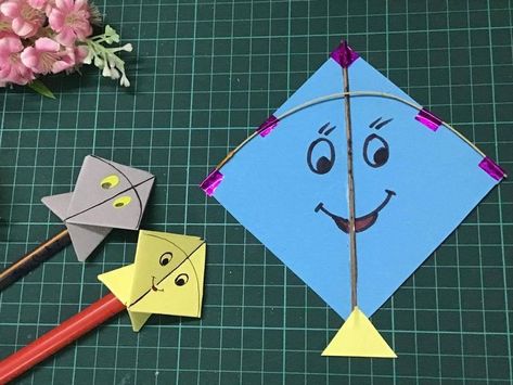 Cute Origami Kite Sankranthi Crafts For Kids, Kite Activity For Kids, Kite Designs Ideas Pattern, Kite Crafts For Kids Preschool, Kite Decoration Ideas Kids Crafts, Kite Making Ideas For Competition, Diy Kite Decorations, Origami Kite, Kites Preschool