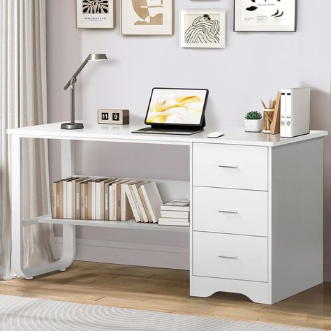 PRICES MAY VARY. 【3 Drawers and Bottom Shelf】:This white home office desk features 3 easy-to-assemble, high-capacity drawers and a shelf that will provide you with tons of storage space. You can organize your desktop office supplies, gaming accessories into the drawers or the shelf for a clean and tidy desktop 【Minimalist Modern Style】:The minimalist design of this white desk with drawers can blend in a variety of styles, giving it a refreshing and cozy visual experience. Meanwhile, the simple s White Desk With Black Top, Cozy Bedroom With Desk, White Desk With Shelves, White Modern Desk, Desks In Bedroom, White Desk Bedroom, Bedroom Study Desk, White Desk With Drawers, Small Bedroom Desk