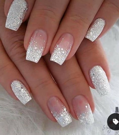 Bridal Nails Wedding, Unghie Sfumate, Bridesmaids Nails, Nails For Bride, Wedding Nails Glitter, White Glitter Nails, Ombre Nails Glitter, Nagel Tips, Homecoming Nails Acrylic