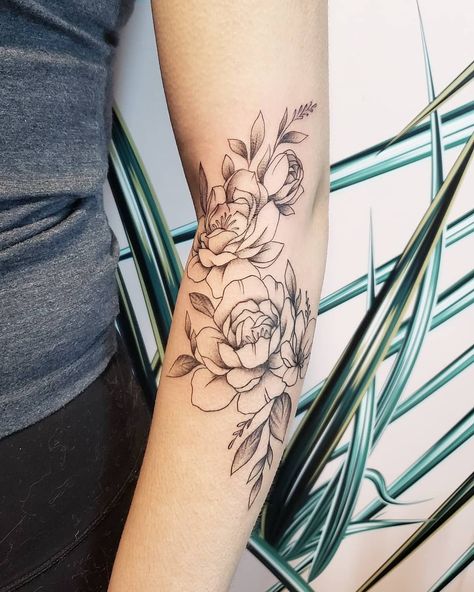 Delicate feminine peonies tattoo done by Vancouver artist Jamie Kan Peonies Tattoo Forearm, Peony Wrap Around Tattoo, Peony Tattoo Upper Arm, Floral Elbow Wrap Tattoo, Peony Forearm Tattoo Women, Inner Forearm Flower Tattoo, Delicate Peony Tattoo Small, Peony Elbow Tattoo, Peony Tattoo Forearm