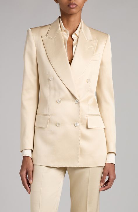 Wide peaked lapels frame this luminous double-breasted blazer that's tailored from silk-and-wool twill and detailed with meticulous pickstitching. Double-breasted button closure Peaked lapels Five-button cuffs Chest welt pocket; front flap pockets Cupro-silk lining 51% silk, 49% wool Dry clean Made in Italy Designer Clothing Suite Ideas Women, Bespoke Suit Tailoring Details, Queen Lifestyle, Bespoke Suit Tailoring, Wedding Suits For Bride, Tailoring Details, Long Sleeve Evening Gowns, Bespoke Suit, Silk Suit