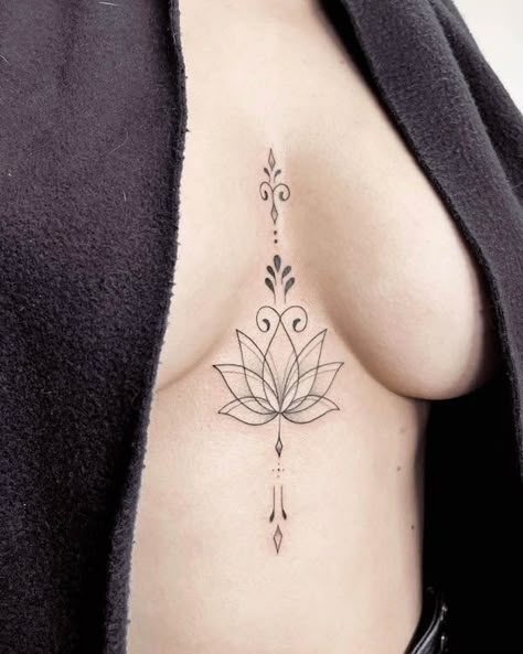 38 Elegant Oriental Tattoos with Meaning - Our Mindful Life Lotus Flower Tattoo Middle Chest, Lotus Flower Tattoo Chest For Women, Tattoos Inbetween Breast Flower, Chest Lotus Tattoo, Tatoos Between The Chest, Tattoo Ideas Female Middle Of Chest, Fan Tattoos For Women, Lotus Flower Chest Tattoo Female, Lotus Flower Tattoo Between Breast