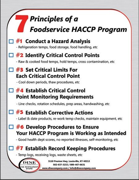 Our list of the 7 principles of the Food service HACCP Program Food Microbiology, Food Product Development, Food Safety Posters, Food Safety And Sanitation, Food Safety Training, Culinary Lessons, Food Safety Tips, Food Hygiene, Kitchen Safety