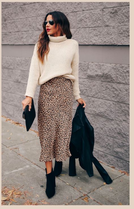 Cheetah Skirt Outfit Work, Autumn Outfits Skirt Midi, Leopard Midi Skirt Outfit Fall, Leopard Print Skirt Outfit Work, Red Silk Skirt Outfit Winter, Slip Skirt Fall Outfit, Leopard Print Satin Skirt Outfit, Animal Print Skirt Outfit Winter, Autumn Evening Outfits