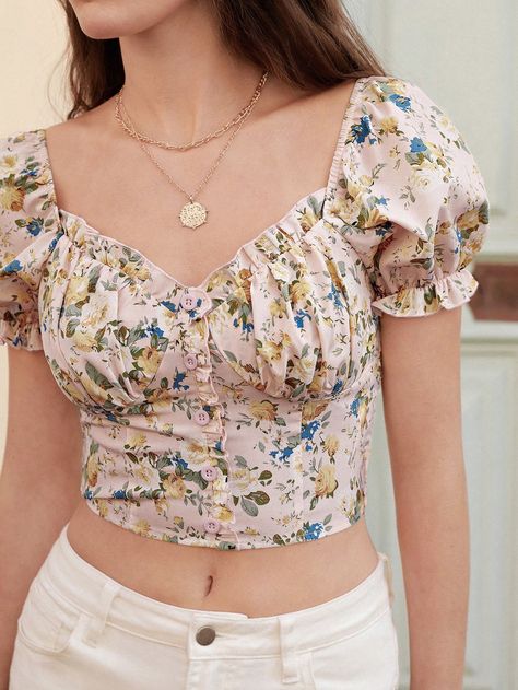 Multicolor Boho Collar Short Sleeve Woven Fabric Floral,All Over Print Top Embellished Non-Stretch  Women Clothing Flowery Tops, Moda Floral, Feminine Top, Fashion Tops Blouse, Bohemian Tops, Floral Fashion, Fashion Tv, Designs For Dresses, Women Blouses