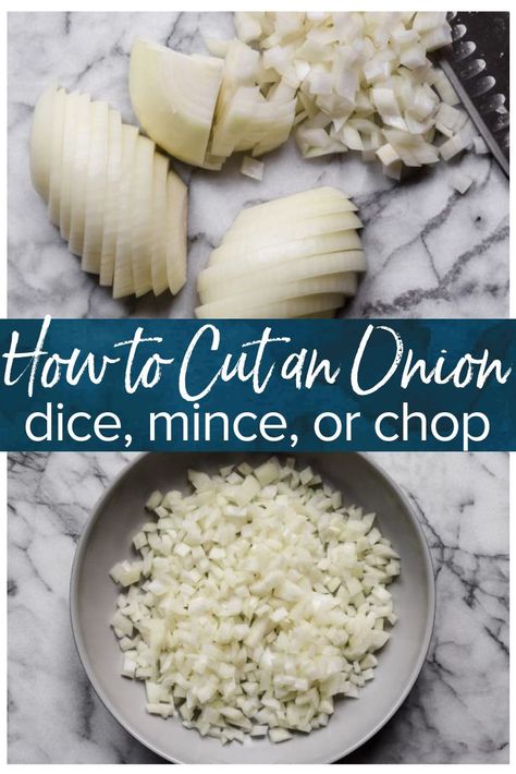 Wondering how to cut an onion? So many recipes call for a bit of onion, and I very much approve of that! Whether you need diced onion, minced onion, or chopped onion, you need to know how to do it properly. Learning how to chop an onion is one of those basic cooking skills that will always come in handy. I'll show you how to dice an onion, how to mince onion (plus the difference between the two), how to store cut onions, and even how to saute onions! #cookingbasics #onions Dicing An Onion, Dice An Onion, Cut An Onion, Basic Cooking Skills, Baking Guide, How To Cut Onions, Basic Cooking, Knife Skills, Veggie Meals