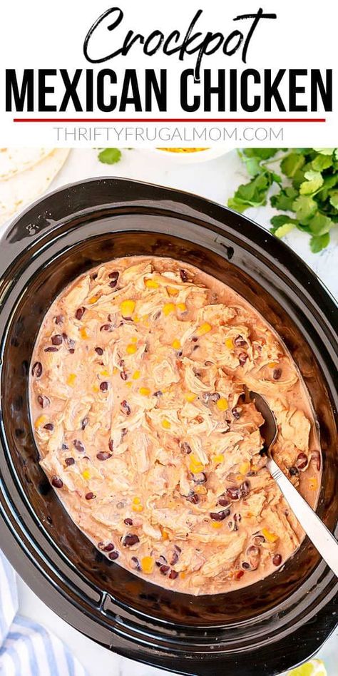 This Crockpot Mexican Chicken is creamy and super easy to make! Just layer chicken, black beans, salsa, corn and cream cheese in a crockpot, cook it and then serve it over rice, in tortillas or taco shells or over baked potatoes. So simply and delicious! Tortilla Filling, Fiesta Chicken Crockpot, Crockpot Mexican Chicken, Crockpot Mexican, Cream Cheese Corn, Beans In Crockpot, Magical Slow Cooker, Fiesta Chicken, Chicken Crockpot Recipes Easy