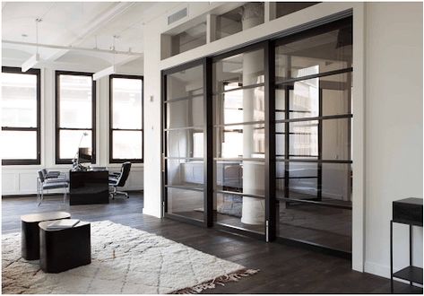 8 Stylish Alternatives to Sliding Glass Doors for Interior Projects Sliding Walls, Door Alternatives, Glass Sliding Doors, Pivot Door, Sliding Wall, Chelsea Hotel, Interior Office, Office Renovation, Swinging Doors