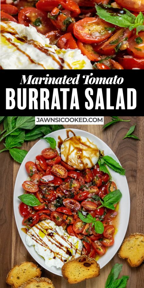 Easy, flavor-packed Marinated Tomato Burrata Salad with creamy burrata cheese, garlic herb marinated tomatoes, and fresh basil. The ultimate shareable summer salad! Burrata Board Ideas, Burrata Board, Burrata Salad Recipe, Tomato Burrata Salad, Tomato And Burrata, Tomatoes Soup, Burrata Recipe, Great Salad Recipes, Food Recipes Healthy