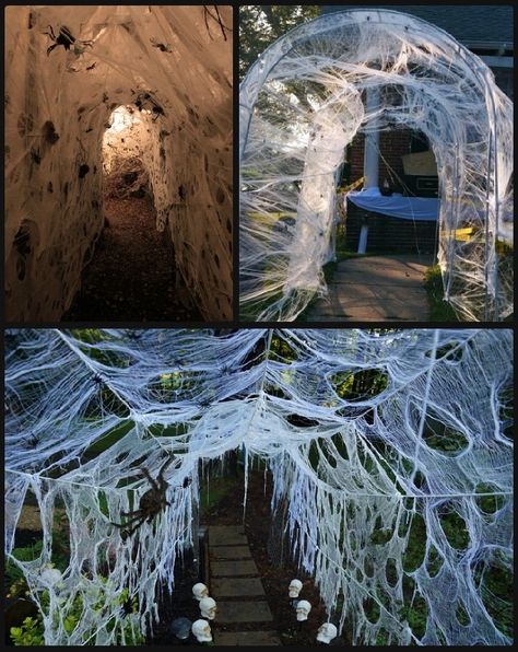 Spiderweb tunnel. Can be made from chicken wire, 1/2 inc pvc pipes, and wood. Halloween Hosting, Spooky Halloween Dinner, Entrada Halloween, Campsite Decorating, Adult Halloween Party Decorations, Outdoor Hosting, Halloween Dinner Party, Spooky Dinner, Halloween Maze