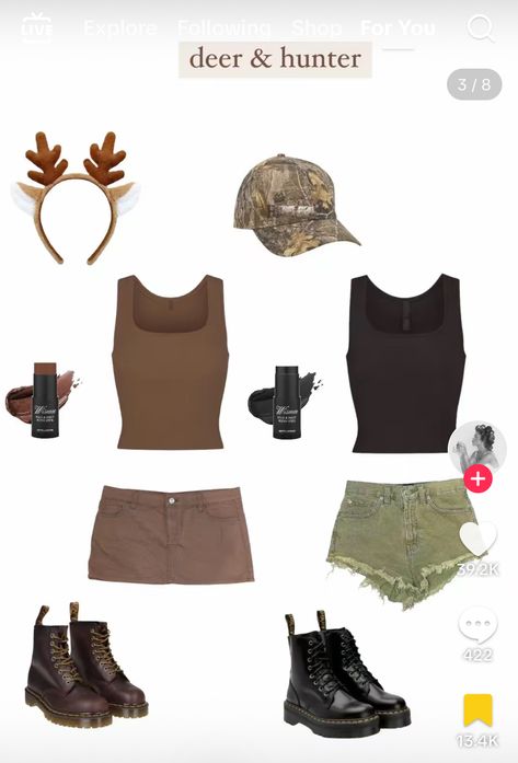 Duo Spirit Week Ideas, Cute Deer Halloween Costumes, Hot Halloween Costumes College Duo, Halloween Deer Costume, Deer Costume Halloween, Deer Costume Women, Deer And Hunter Costume, Hunter Halloween Costume, Hot Duo Halloween Costumes