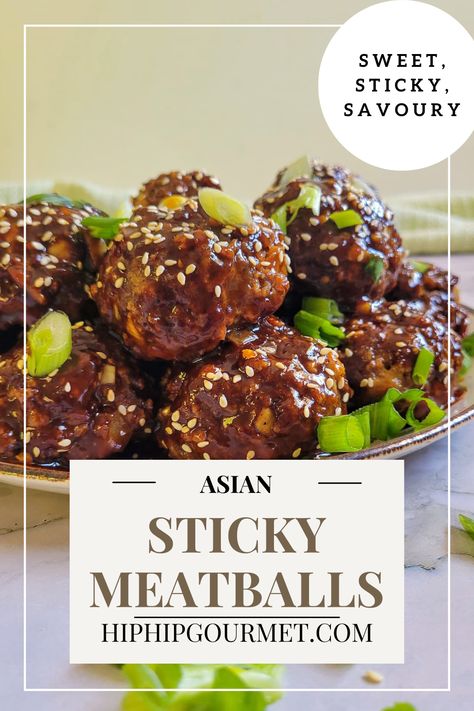 side view of meatballs stacked on a plate with brown sauce, sesame seeds, and green onions Asian Meatballs And Rice, Asian Meatballs Crockpot, Meatball Dipping Sauce, Sticky Meatballs, Sticky Asian Meatballs, Asian Pork Meatballs, Oven Meatballs, Sticky Sauce, Asian Meatballs