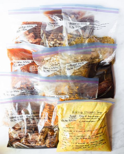 10 freezer meals in gallon size labeled ziplock bags laying on a white surface 3rd Trimester Meals, Freezer Bag Meals, Crock Pot Freezer Meals, Pregnancy Freezer Meals, Freezer Prep, Simple Crockpot, Slow Cooker Barbacoa, Fed And Fit, Freezer Friendly Meals