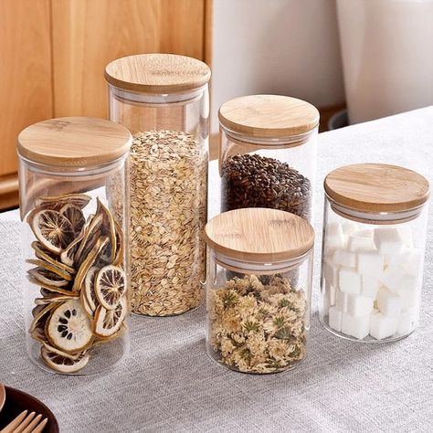 Wood Lid Glass Airtight Canister Kitchen Cereal Dispenser Storage Box Food Canister Keep Fresh Clear Container Jars Orgnizer _ - AliExpress Mobile Toples Kaca, Spice Holder, Food Canisters, Pantry Room, Tank Air, Cereal Dispenser, Store Snacks, Kitchen Jars, Glass Storage Jars