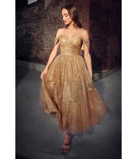 Gold Glitter Off The Shoulder Tea Length Dress – Unique Vintage Tea Length Prom Dress, Short White Dress Wedding, Knee Length Wedding Dress, Tea Length Dress, Mini Wedding Dresses, Cinderella Divine, Layered Tulle Skirt, Feeling Confident, Dress Drawing