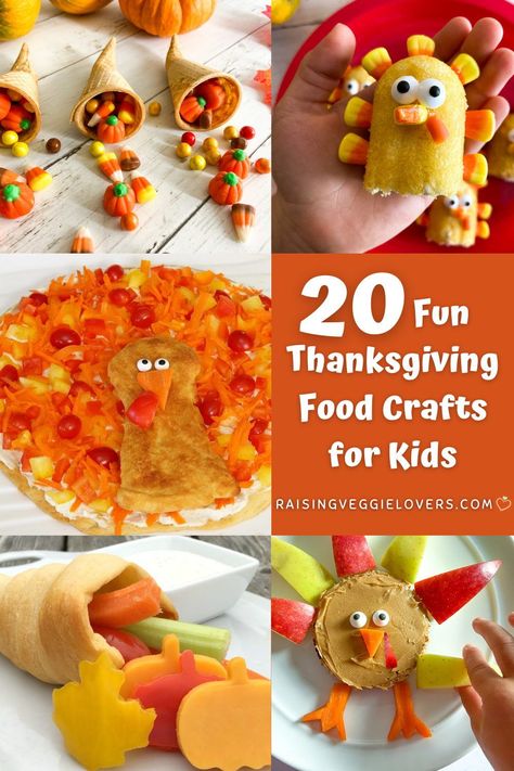 Here is a roundup of 20 fun Thanksgiving food crafts that you can make with your kids. Some are healthy, some are sweet, but they’re all cute, festive and delicious! #thanksgiving #thanksgivingideas #thanksgivingfoodforkids #funfood #funfoodforkids #foodcrafts #turkeytheme Thanksgiving Food Crafts Preschool, Edible Turkey Crafts For Kids, Edible Thanksgiving Crafts For Kids, Turkey Food Crafts For Kids, Thanksgiving Food Crafts For Kids, Thanksgiving Food Activities, Fun Thanksgiving Food, Food Crafts For Kids, Fall Homeschool