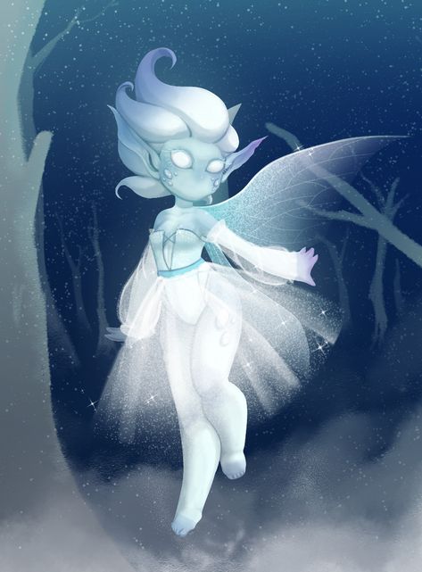 Winter Fairy Character Design, Icy Character Design, Ice Fairy Character Design, Dnd Snow Character, Winter Fairy Drawing, Snow Fairy Art, Winter Mythical Creatures, Snow Creatures Fantasy Art, Ice Fairy Art