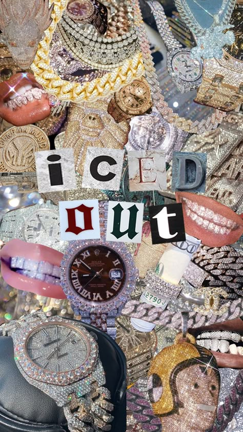 collage, iced out, icy, rolex, tennis chain, aesthetic, bling bling, diamonds, hot, iPhone wallpaper Money And Diamonds Aesthetic, Iced Out Tennis Chain, Big Chains Aesthetic, Rapper Chain Aesthetic, Rolex Aesthetic Wallpaper, Chains Aesthetic Wallpaper, Rolex Wallpapers Iphone, Ice Jewelry Aesthetic, Iced Out Jewelry Aesthetic