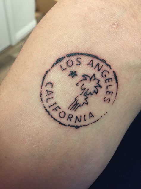 Los Angeles Postage Stamp Los Angeles Tattoo Ideas California, Small California Tattoo, La Tattoo Ideas Los Angeles Tat, California Stamp Tattoo, California Tattoo Small, California Inspired Tattoo, Los Angeles Tattoo Ideas, La Tattoos Ideas, California Tattoo Ideas