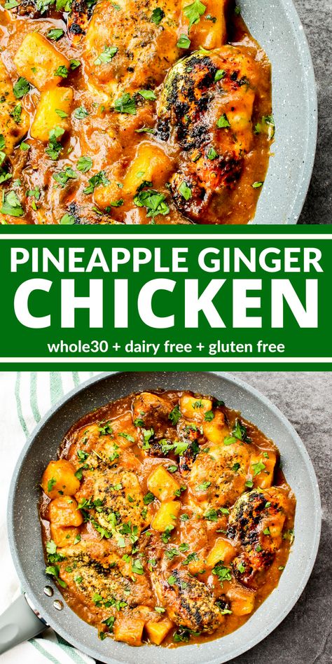 Pineapple Ginger Chicken, Pineapple Ginger, Diner Recept, Ginger Chicken, Medjool Dates, Recipe 30, No Sugar, Lunch Snacks, Whole 30 Recipes