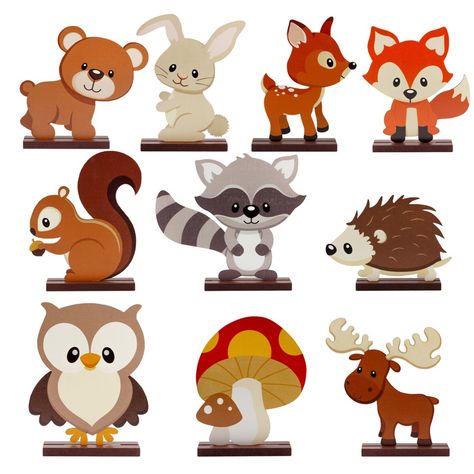 Delight in the enchanting charm of our Woodland Friends Figurine Collection. Each painted cutout is designed with meticulous detail, capturing the whimsical essence of forest wildlife. This adorable set includes a variety of forest creatures such as a cheerful bear, a playful rabbit, a wise owl, a friendly hedgehog, a mischievous raccoon, and a curious squirrel, among others. Sized approximately 6 x 4.5 inches, these sturdy wood figures are freestanding, making them perfect for adding a touch of nature's magic to any setting. Whether you're looking to spruce up a baby nursery with a touch of gentle wilderness, captivate children’s imaginations in a classroom, or create a heartwarming centerpiece for a woodland-themed baby shower or party, these figurines are versatile and visually appealin Woodland Centerpiece Baby Shower Ideas, Forest Animals Preschool Crafts, Woodland Arch, Woodland Centerpieces, Woodland Baby Shower Centerpieces, Woodland Party Decor, Forest Animals Preschool, Forest Animals Illustration, Woodland Centerpiece