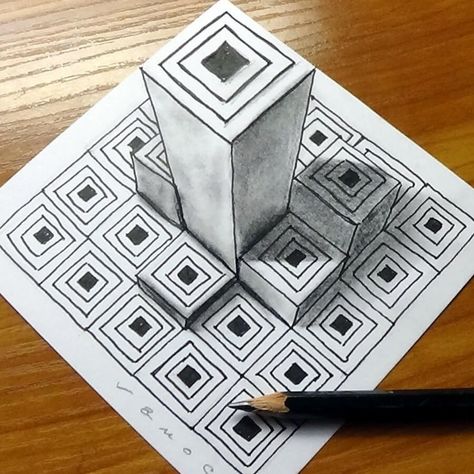 Towers by S. Vamos Optical Illusion Drawing, Illusion Drawings, Výtvarné Reference, 3d Art Drawing, Geometric Pattern Art, Geometric Design Art, Geometric Drawing, Optical Illusions Art, Perspective Art