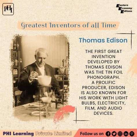 Greatest Inventors Of All Times - Thomas Edison The first great invention developed by Thomas Edison was the tin foil phonograph. A prolific producer, Edison is also known for his work with light bulbs, electricity, film, and audio devices. #invention #Inventor #ThomasEdison #Electric Thomas Alva Edison, Alva Edison, Great Inventions, Thomas Edison, Back Hand Mehndi Designs, Tin Foil, Inventors, Hand Mehndi, Mehndi Designs For Hands