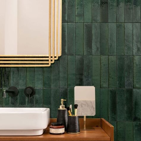 Forest Green Tile, Bronze Tiles, Dark Green Bathrooms, Green Tile Bathroom, Topps Tiles, Bar Outfit, Tile Trends, 아파트 인테리어, White Sink