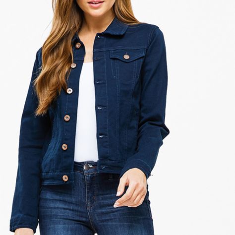 Women's Dark Navy Blue Twill Denim Long Sleeve Button Up Jean Jacket With Pockets. Dark Blue Denim Jacket Outfit, Navy Blue Denim Jacket, Blue Denim Jacket Outfit, Olive Denim Jacket, Dark Blue Denim Jacket, Red Denim Jacket, Lightweight Denim Jacket, Navy Denim Jacket, Light Denim Jacket