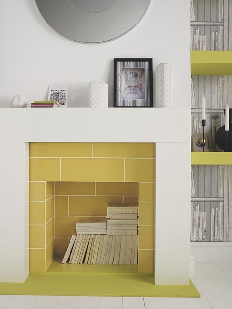 Empty Fireplace Ideas, Unused Fireplace, Stripe Wall, Yellow Tile, Tile Inspiration, Home Fireplace, Fireplace Tile, Fireplace Design, Fireplace Surrounds