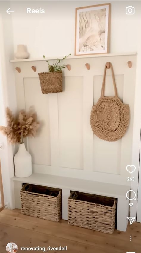 Mud Room Entryway Small, Boho House Entrance, Entry Wall Behind Door, Small Farmhouse Hallway, French Country Mudroom Entryway, Small Doorway Decor, California Interior Design Style Living Room, L Shape Hallway Ideas, Behind Front Door Decor Small Spaces