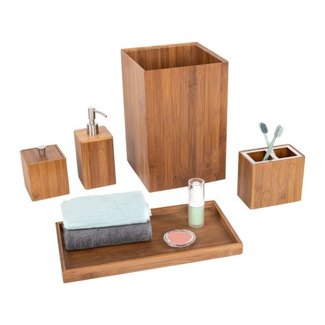 Seville Classics 5-Piece Bamboo Luxury Vanity Bathroom Accessory Set - Bed Bath & Beyond - 36143845 Bathroom Vanity Organization, Cotton Ball Holder, Luxury Vanity, Vanity Organizer, Towel Tray, Bamboo Construction, Bamboo Towels, Vanity Accessories, Vanity Organization