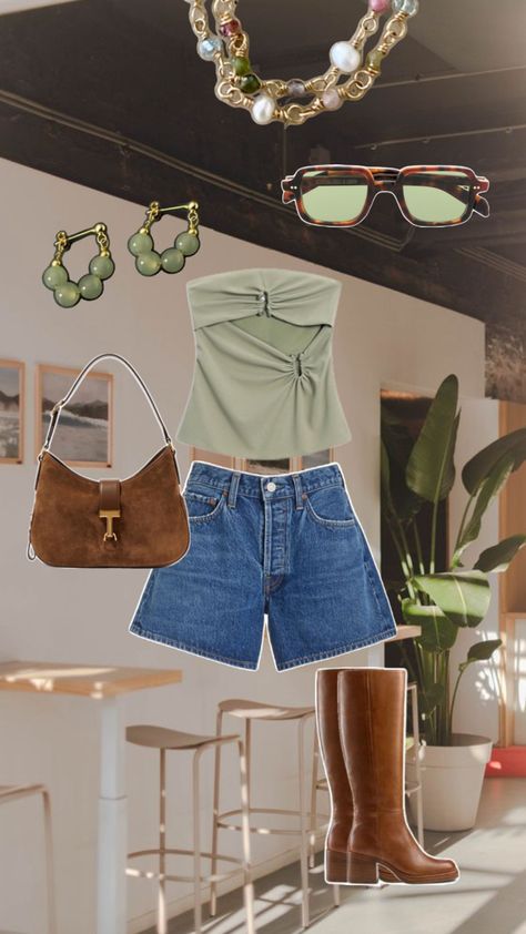 Jorts, denim shorts, sunglasses, green outfit, casual outfit, dress top, green fit, spring outfi, women’s fashion Denim Shorts Outfit, Green Fits, Outfit Dress, Green Outfit, Green Top, Green Tops, Dress Top, Outfit Casual, Top Dress