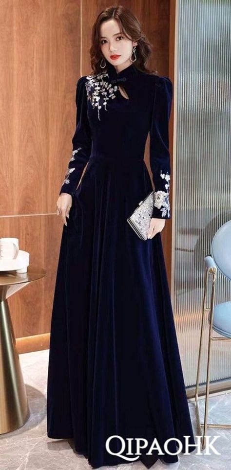 Vintage Style Dresses Formal, Cheongsam Long Sleeve, Chinese Dress Modern Mandarin Collar, Gorgeous Dresses Elegant, Formal Long Dresses Elegant, Full Dress Designs, Elegant Formal Dresses Long, Aline Dress Formal, Chic Dress Elegant