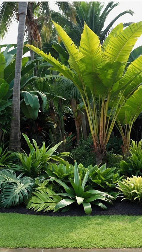 Tropical Escapes: 15 Landscaping Ideas to Transform Your Outdoor Retreat - Inspire Inlet Balinese Outdoor Living, Landscape Tropical Design, Tropical Garden Backyard, Bali Garden Design Landscapes, Rainforest Garden Backyards, Rain Forest Garden Ideas, Balinese Landscape Design, Tropical Garden Pool Design, Miami Backyard Landscaping