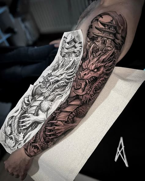 Dragon Tattoo Chest, Samurai Tattoo Sleeve, Japanese Tattoos For Men, Dragon Tattoo Ideas, Left Arm Tattoos, Tato Naga, Dragon Tattoos For Men, Dragon Sleeve, Last Kingdom